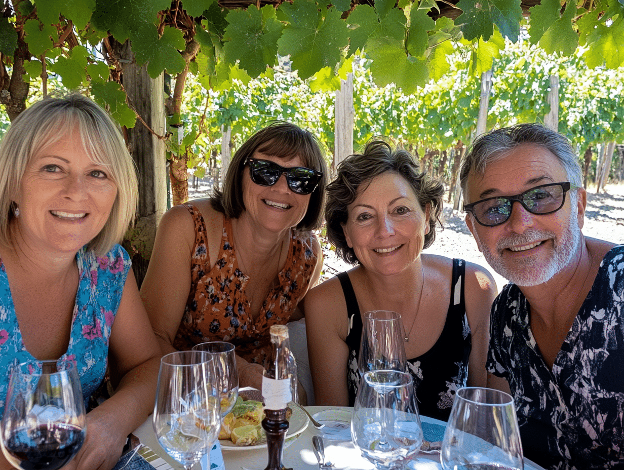 Group of tourists exploring Tuscany countryside with rolling hills, vineyards, and charming Italian villages